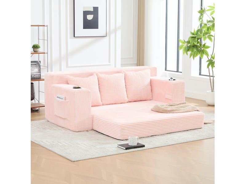  Canapé convertible 3 places 172 x 87 cm – rose – velours côtelé, porte-gobelets et poches latérales  - Conforama B