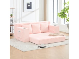 Canapé convertible 3 places 172 x 87 cm – rose – velours côtelé, porte-gobelets et poches latérales