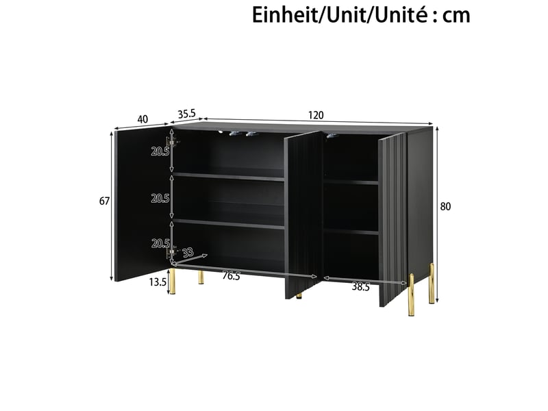 Meuble à chaussures et buffet 120 x 35,5 x 80 cm en mdf et panneaux de particules avec 3 portes et étagères réglables noir chicfurn - Conforama D