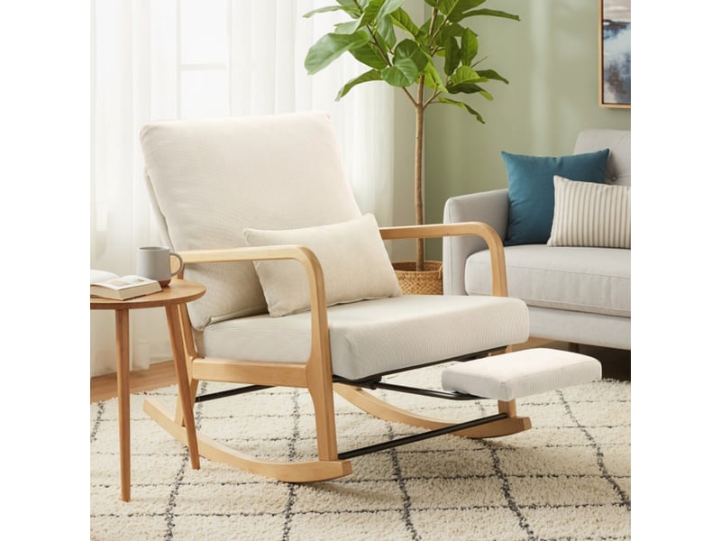  Fauteuil à bascule crème avec repose-pieds intégré, dossier réglable et coussin lombaire pour salon et chambre  - Conforama B