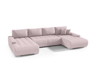 Canapé d'angle panoramique convertible 5 places Velours rose avec coffre de rangement