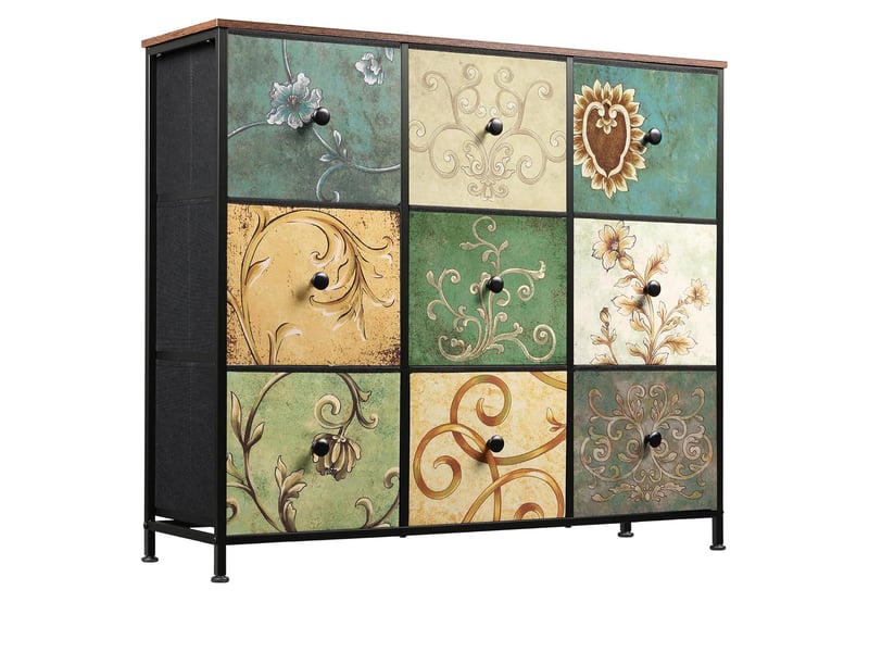  Commode 9 tiroirs, commode de rangement, tissu floral, structure en métal, pour salon, chambre, style bohème,100 x 30 x 86,5 cm  - Conforama A