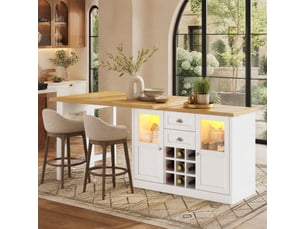 Îlot de cuisine 120-197 cm blanche et bois avec led et rangements