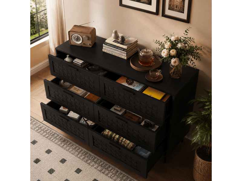  Commode chambre, commode 6 tiroirs rotin, commode bois massif, applicable organisez facilement soin cosmétiques bijoux et autres articles, noir  - Conforama E