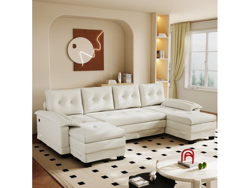 Canapé-lit modulable en u 278x127x87 cm avec ports usb en chenille beige sans matelas - Conforama C
