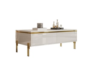 Table basse blanche brillante 100x50x36 cm avec tiroirs cachés et pieds en métal