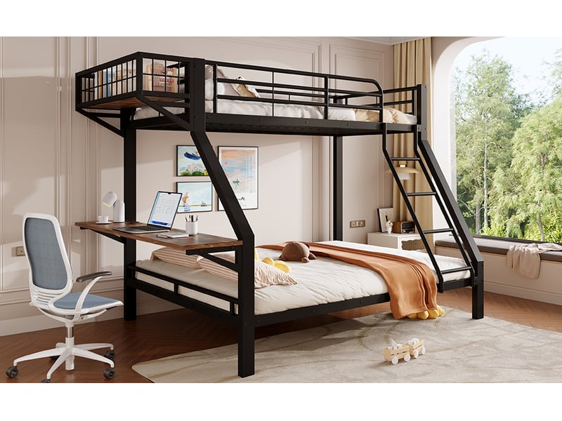  Lit superposé 90 × 200 et 140 × 200 cm, bureau et étagère réversibles gauche ou droite, structure en métal et mdf, noir  - Conforama B