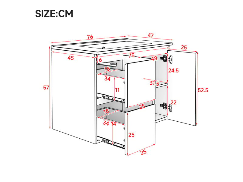  Meuble sous-vasque suspendu avec vasque led 2 tiroirs 2 portes blanc 76x47x57 cm  - Conforama C