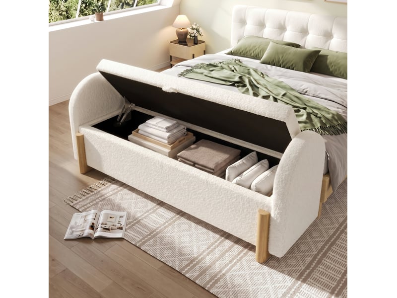  Banc coffre tcqpz 106 x 47 x 61 cm avec rangement hydraulique tissu chenille bouclette blanc  - Conforama E
