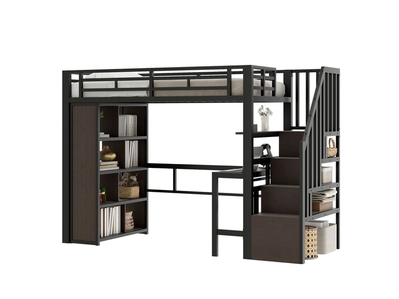  Lit mezzanine noir 90x200cm avec escalier rangement, éclairage led, bureau et étagères, confort durable - fer - pour enfant ado  - Conforama A