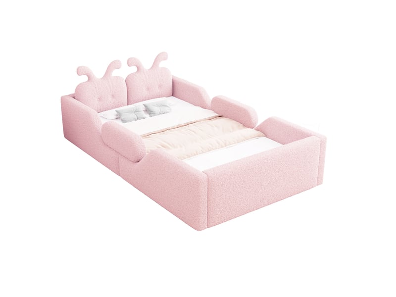 Lit enfant rembourré 90x200cm avec tête de lit oreilles de lapin, barrières de sécurité et cadre capitonné, mdf et contreplaqué - rose - Conforama A