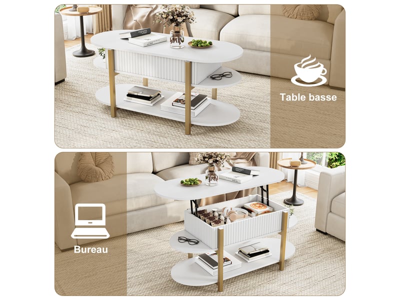  Table basse réglable en hauteur, plateau ovale, espace de rangement dissimulé, 106x50x45 cm, blanc  - Conforama E