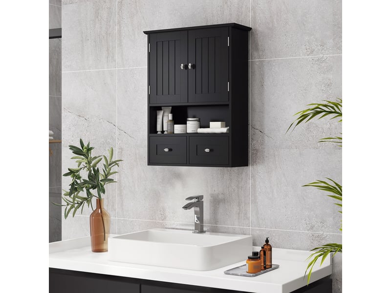 Armoire murale de salle de bain, armoire de toilette, avec portes, étagère, 2 tiroirs, 50,8l x 17,8p x 66h cm, noir  - Conforama C