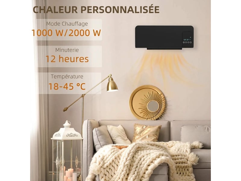  Radiateur électrique mural 1000w 2000w avec télécommande et écran led céramique ptc noir  - Conforama B