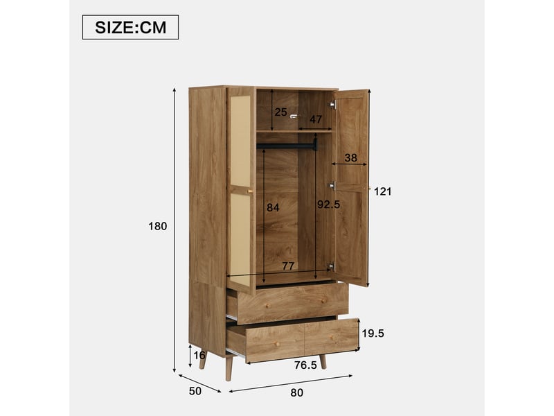  Armoire avec penderie, étagères et 2 tiroirs, façades effet rotin pour chambre en mdf 80×50×180 cm noyer naturel  - Conforama D