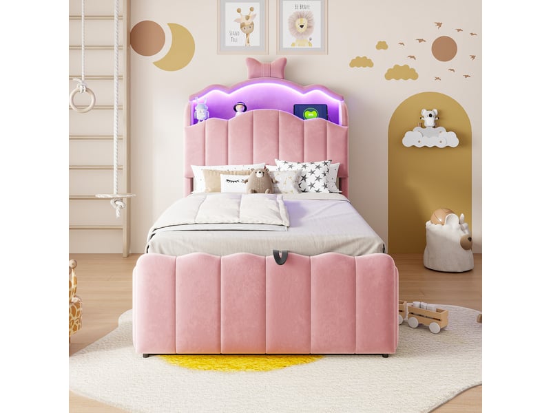 Lit coffre 90x200 cm - lit avec rangement hydraulique, tête de lit avec led, usb et usb-c - velours - rose - Conforama B