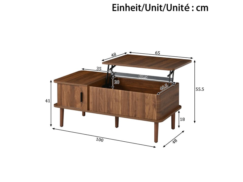 Table basse, plateau relevable table basse salon, finition noyer, rangement porte coulissante, pieds bois, style rétro  - Conforama C