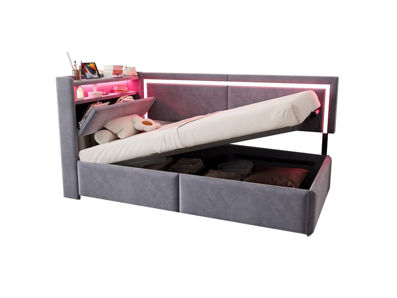  Lit coffre enfant simple 90x200 cm, led et ports usb, tête de lit avec rangement, velours, gris clair, sans matelas  - Conforama A