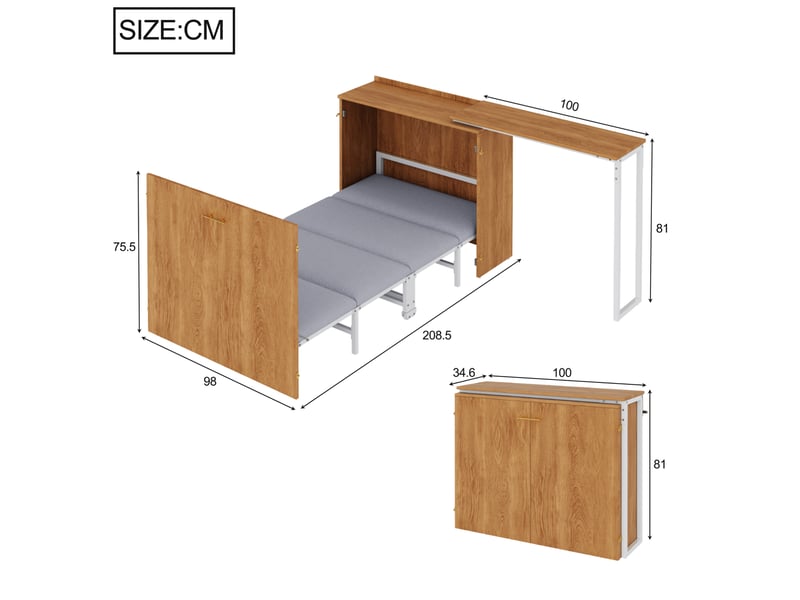  Lit escamotable 90x200 cm avec bureau pivotant et matelas, blanc et coloris bois  - Conforama E