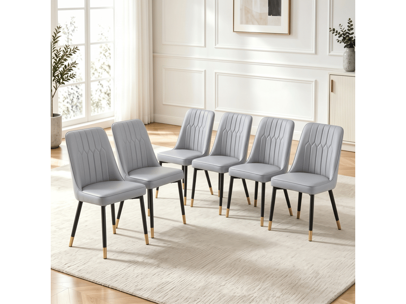  Lot de 6 chaises de salle à manger gris clair en simili cuir pu, pieds métal noir  - Conforama B