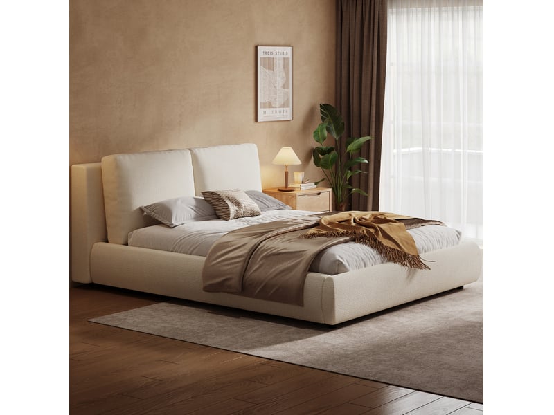 Lit coffre 160x200 cm en bouclé beige avec sommier à lattes et tête de lit - Conforama E