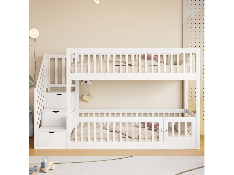 Lit superposé enfant 90 × 200 cm 2 places avec escalier à tiroirs et barrières, sans matelas, en bois massif, blanc - Conforama C