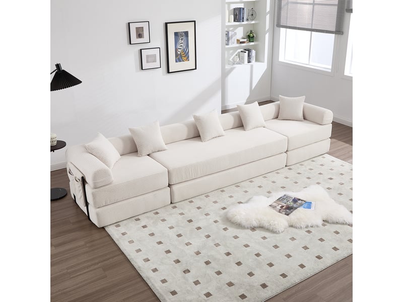  Canapé modulable beige velours côtelé, canapé familial avec rangement, convertible lit d'appoint  - Conforama E