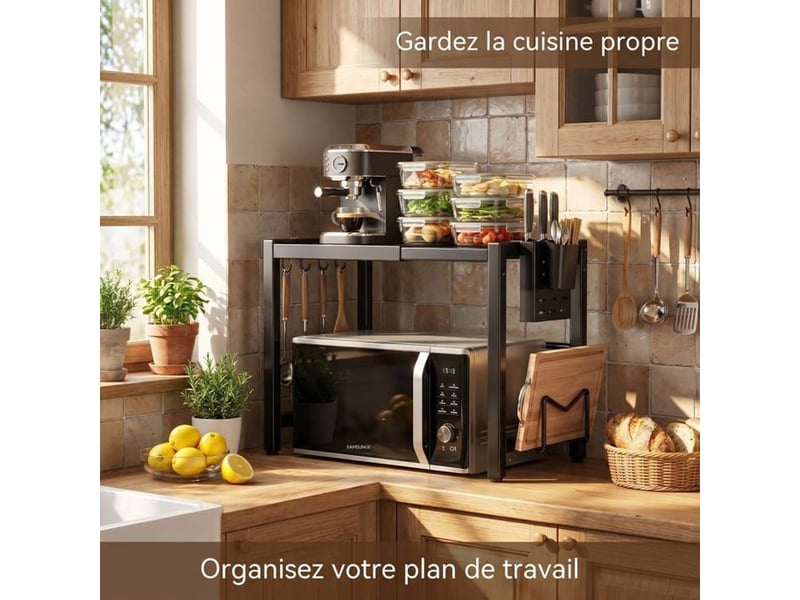  Support micro-ondes extensible en métal noir pliable avec étagères  - Conforama D