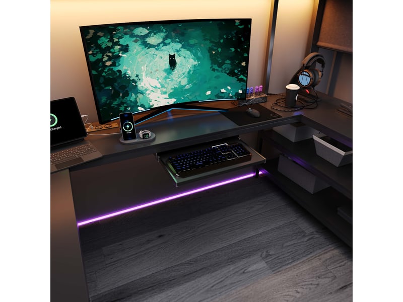  Lit mezzanine gaming 120 x 200 cm, lit en métal noir, avec escalier, bureau en forme de u, prise électrique (norme ue) et étagères  - Conforama E