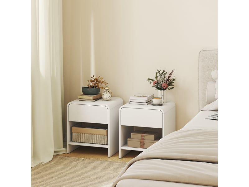  Ensemble de 2 tables de chevet nordiques aux angles arrondis, avec tiroir et étagère ouverte, 40 x 35 x 45 cm, blanches  - Conforama C