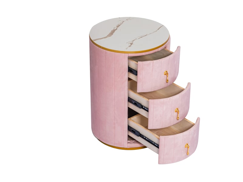  Table de chevet 3 tiroirs, 40 x 40 x 52,5 cm – design rond en velours rose, plateau effet marbre, détails dorés  - Conforama A