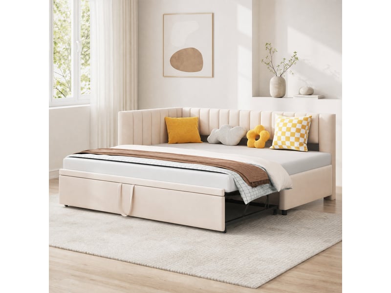  Lit banquette gigogne 200×90 cm et 200×180 cm avec couchage extensible, revêtement en velours beige  - Conforama B