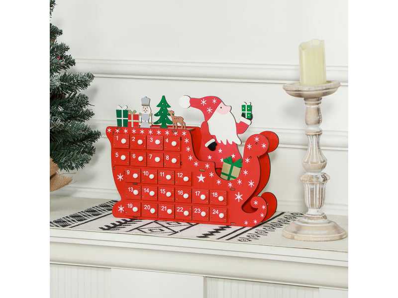  Calendrier de l'avent à remplir en bois, décoration de noël avec 24 tiroirs, père noël et traîneau, 22,5x8x36cm, rouge  - Conforama C