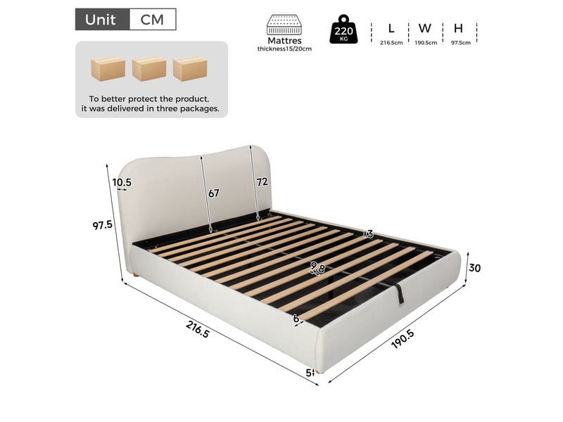  Lit coffre double capitonné en tissu bouclette blanc 180x200 cm, sommier hydraulique  - Conforama C
