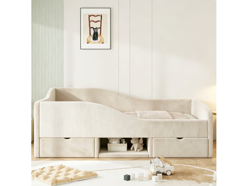  Lit pour enfant, 90x190 cm, avec rangements, 2 tiroirs, barrières de sécurité, doux au toucher, velours, coloris beige  - Conforama D