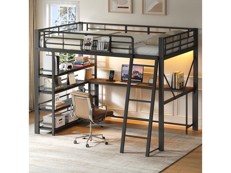  Lit mezzanine double 140×200 cm avec bureau, led et usb - okmyhome- étagères, sans matelas, métal noir  - Conforama B