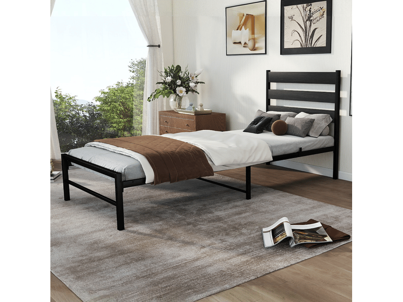  Lit simple 90x200 cm en métal noir avec tête de lit mdf, sommier à lattes, design moderne pour chambre  - Conforama E