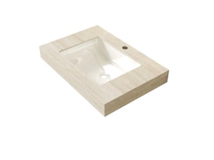 Plan vasque salle de bain 76x48 cm en pierre frittée beige travertin, vasque céramique sous plan, 1 trou robinet pour toilette