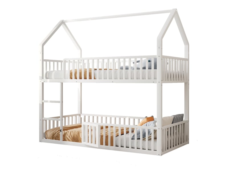  Lit superposé 90x200 cm en métal avec forme de maison coloris blanc  - Conforama A