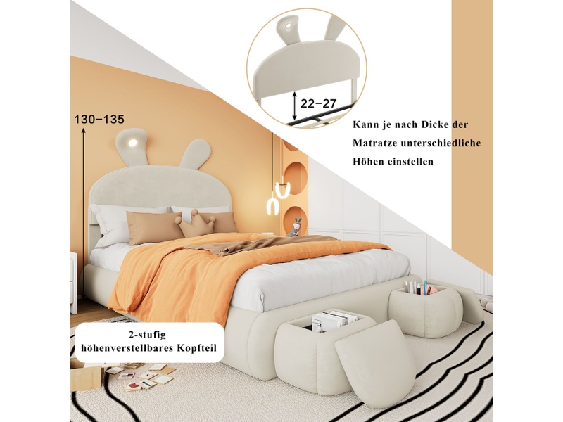  Lit coffre 140x200, rangement hydraulique, tabourets empilables et éclairage led réglable gain d'espace lit double  - Conforama E
