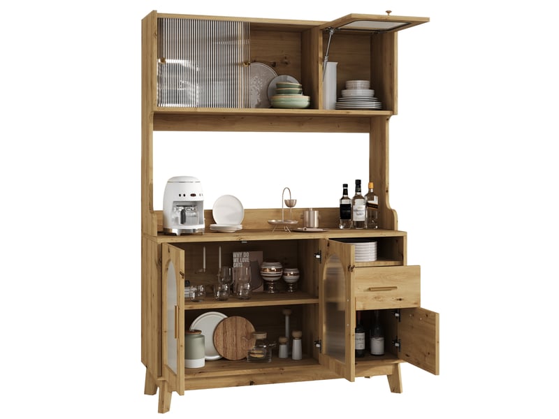  Buffet haut décor bois naturel 120 × 40 × 178 cm, 2 prises, usb-ausb-c, vitrage acrylique ondulé, grand format vertical  - Conforama A