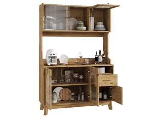 Buffet haut décor bois naturel 120 × 40 × 178 cm, 2 prises, usb-ausb-c, vitrage acrylique ondulé, grand format vertical