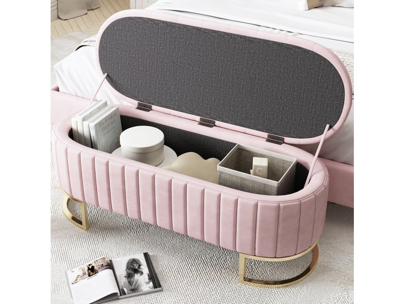 Banc de rangement 120x39,9x43 cm en velours rose avec pieds en métal - Conforama D