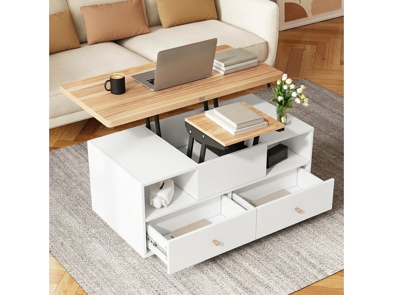  Table basse relevable et extensible 100x50 cm avec 4 tiroirs et roulettes bois et blanc  - Conforama B