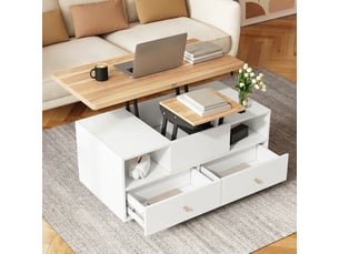 Table basse relevable et extensible 100x50 cm avec 4 tiroirs et roulettes bois et blanc