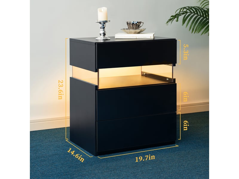  Table de chevet led noire, 3 tiroirs, panneau acrylique, design moderne  - Conforama C