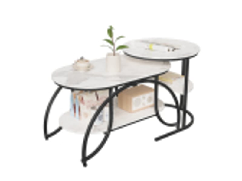  Lot de 2 tables basses 80x46x45 cm, table gigogne design marbre, avec espace de rangement, cadre en métal, pour canapé, salon, chambre (noir + blanc)  - Conforama A
