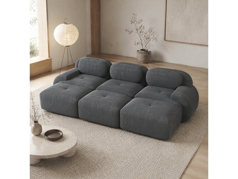  Canapé modulaire 3 places avec 3 poufs en velours côtelé gris  - Conforama C