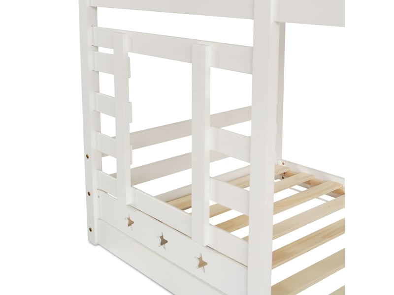  Lits superposés 90x200 - design cabane avec étoiles et lune - lit superposé enfant - escalier de rangement et 2 tiroirs - blanc  - Conforama D