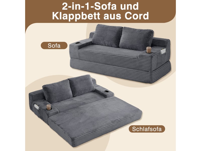  Canapé-lit 2 en 1 180 cm, canapé convertible avec porte-gobelets, poches de rangement, 2 coussins, tissu côtelé ，gris  - Conforama E